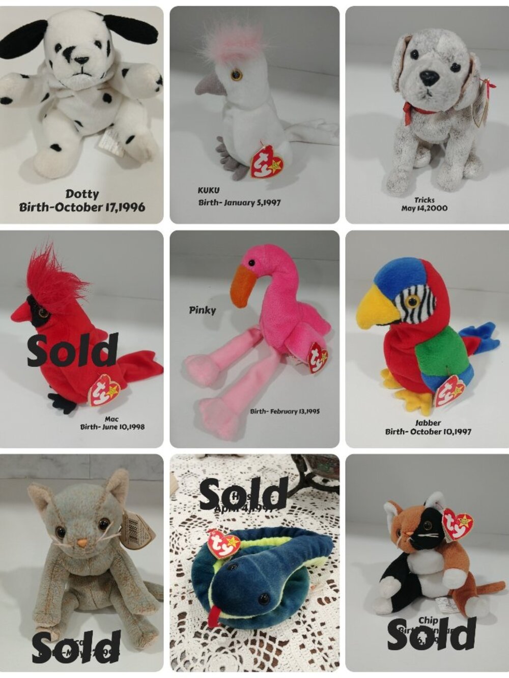 Selling Individual Ty Beanie Babies With Birth Tags, Like new, Select by Name